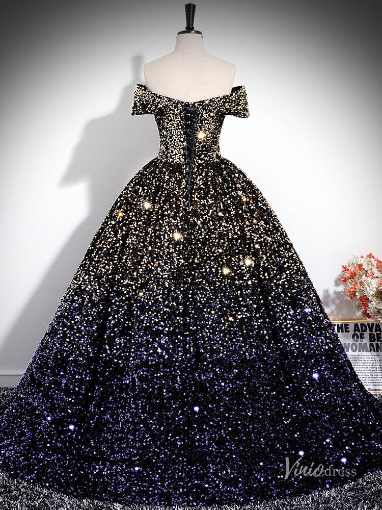 Gold and Blue Sparkle Prom Dress Off the Shoulder Quinceanera Dresses BG034-prom dresses 2025 -Viniodress-Navy-Custom Size-
