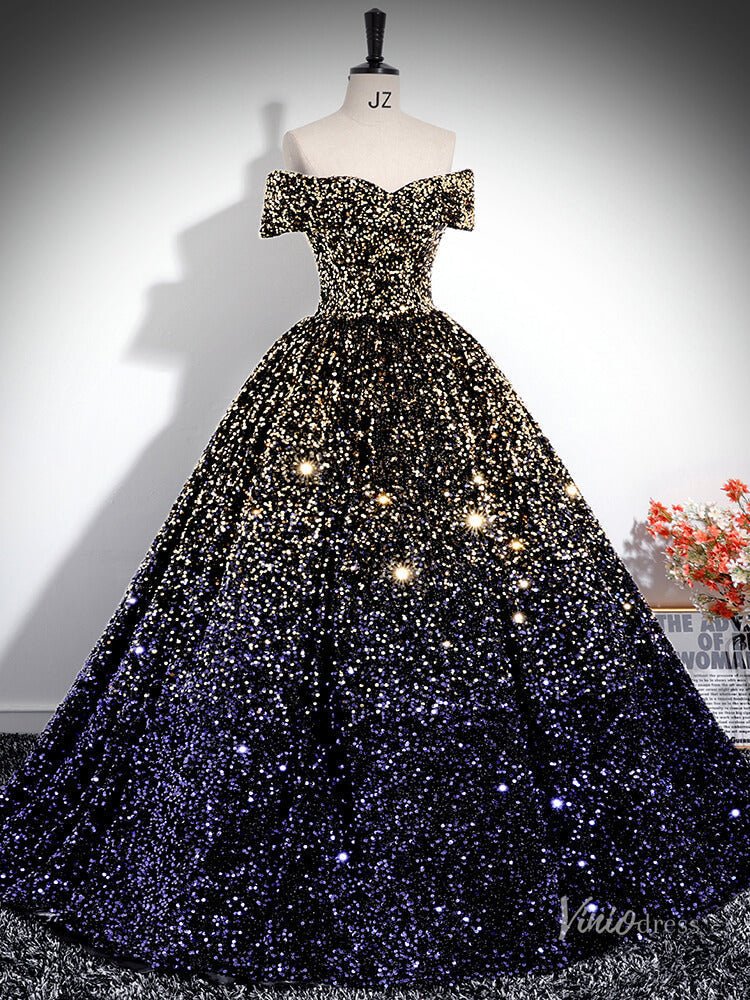 Gold and Blue Sparkle Prom Dress Off the Shoulder Quinceanera Dresses BG034-prom dresses 2025 -Viniodress-Navy-Custom Size-