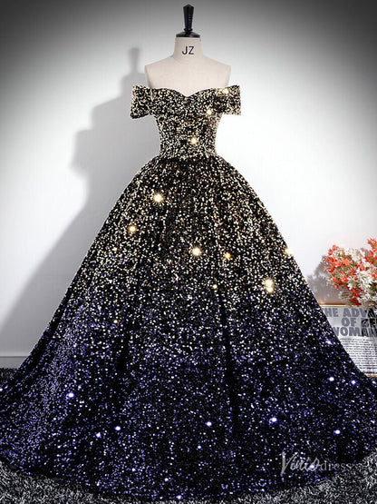 Gold and Blue Sparkle Prom Dress Off the Shoulder Quinceanera Dresses BG034-prom dresses 2025 -Viniodress-Navy-Custom Size-