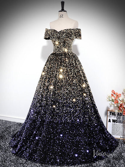 Gold and Blue Sparkle Prom Dress Off the Shoulder Quinceanera Dresses BG034-prom dresses 2025 -Viniodress-Navy-Custom Size-