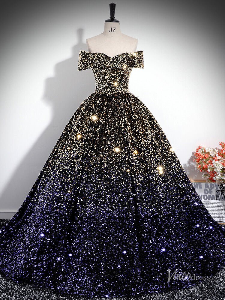 Gold and Blue Sparkle Prom Dress Off the Shoulder Quinceanera Dresses BG034-prom dresses 2025 -Viniodress-Navy-Custom Size-