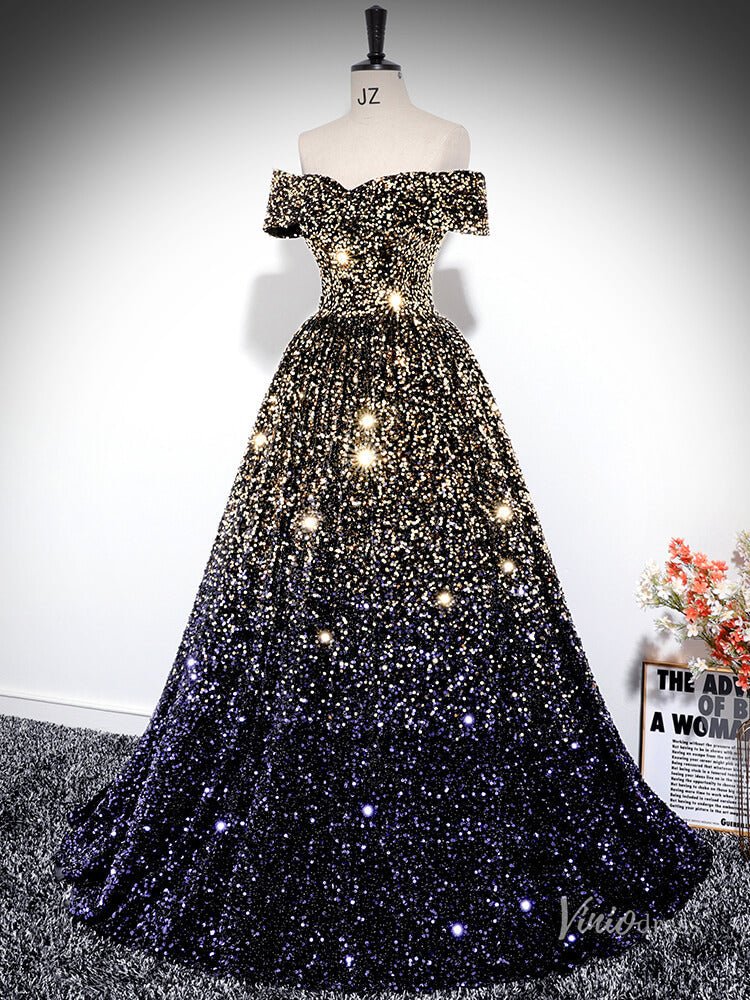 Gold and Blue Sparkle Prom Dress Off the Shoulder Quinceanera Dresses BG034 - Viniodressprom dressesNavyCustom Size - Formal Dresses - Ball Gowns