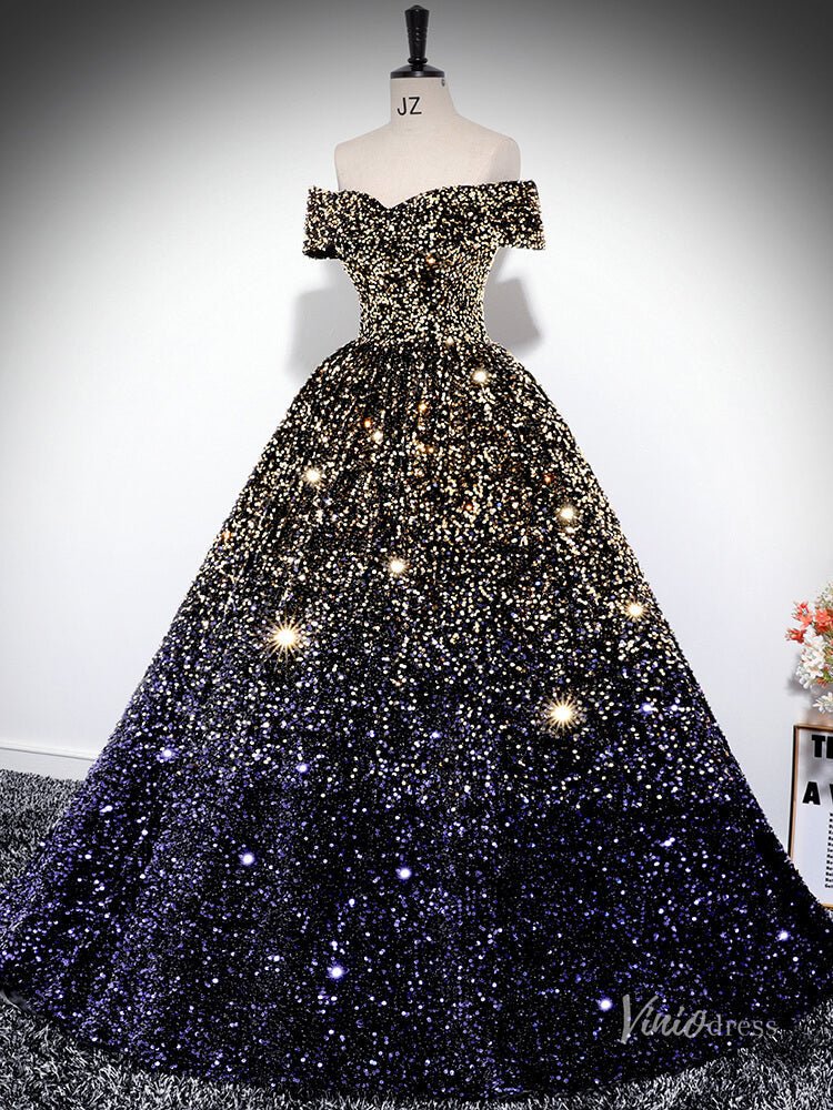 Gold and Blue Sparkle Prom Dress Off the Shoulder Quinceanera Dresses BG034 - Viniodressprom dressesNavyCustom Size - Formal Dresses - Ball Gowns