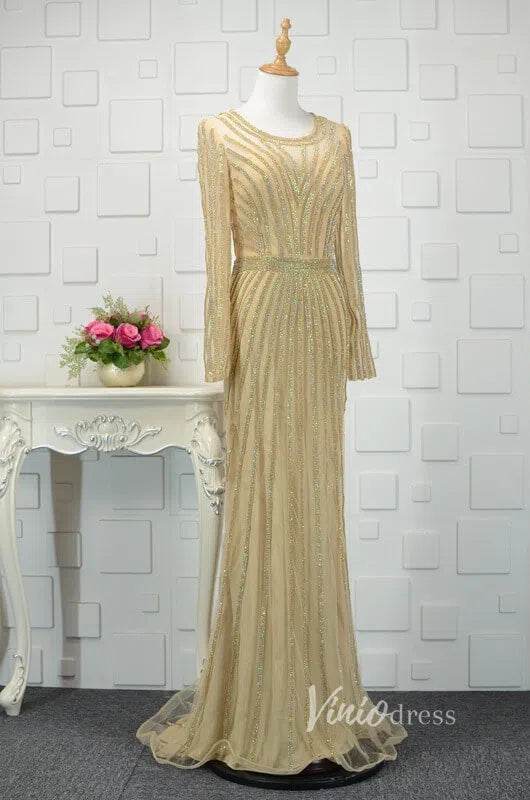 Gold Beaded 20s Party Dress Sheath Prom Dresses FD1427-prom dresses-Viniodress-Long sleeve-Gold-US 2-Viniodress