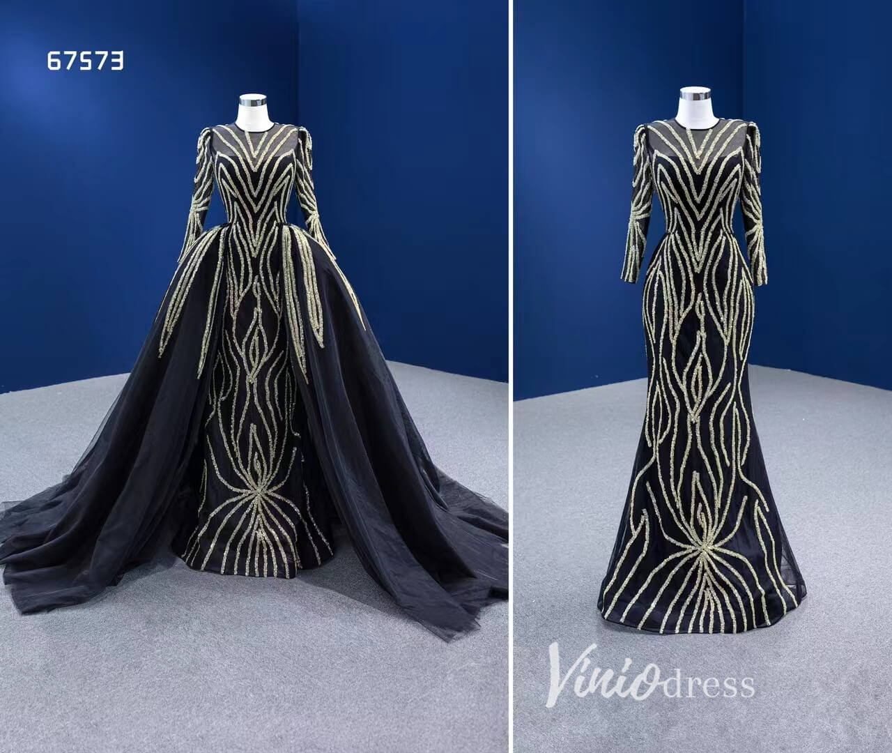 Gold Beaded Black Wedding Dresses with Detachable Overskirt 67573-wedding dresses 2025 -Viniodress-Black-Custom Size-