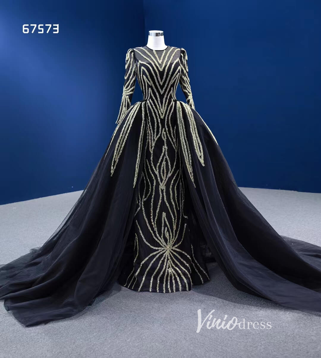 Gold Beaded Black Wedding Dresses with Detachable Overskirt 67573-wedding dresses 2025 -Viniodress-Black-Custom Size-