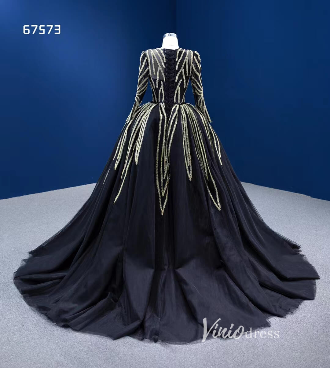Gold Beaded Black Wedding Dresses with Detachable Overskirt 67573-wedding dresses 2025 -Viniodress-Black-Custom Size-