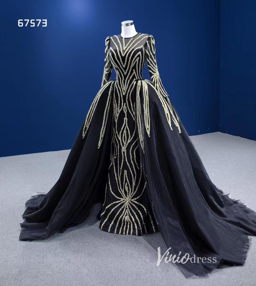 Gold Beaded Black Wedding Dresses with Detachable Overskirt 67573-wedding dresses 2025 -Viniodress-Black-Custom Size-