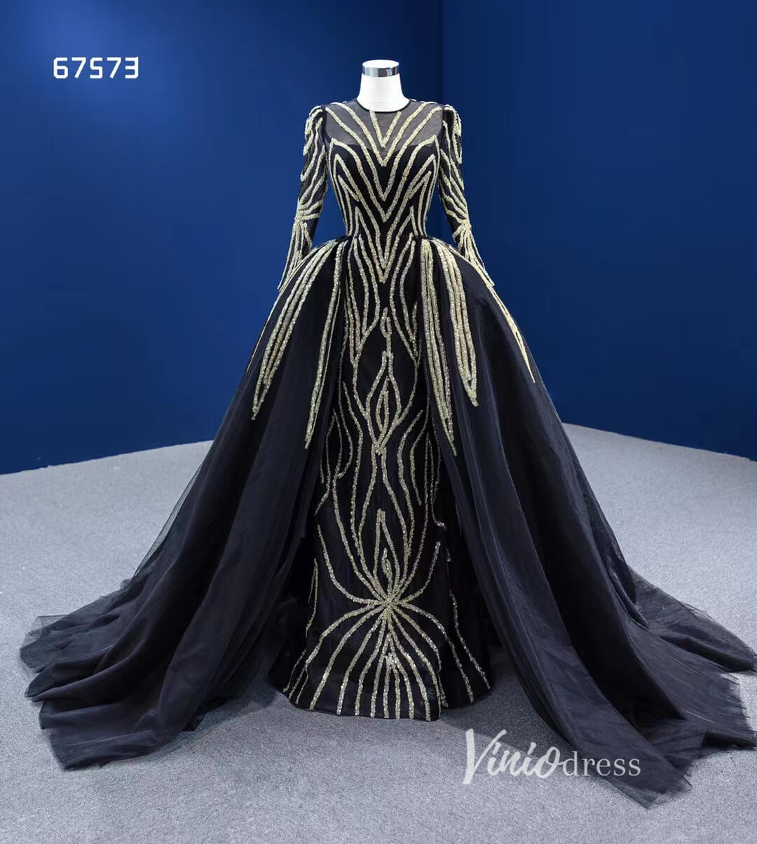 Gold Beaded Black Wedding Dresses with Detachable Overskirt 67573-wedding dresses 2025 -Viniodress-Black-Custom Size-