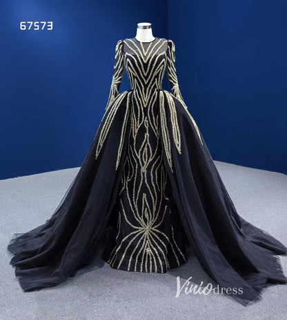Gold Beaded Black Wedding Dresses with Detachable Overskirt 67573-wedding dresses 2025 -Viniodress-Black-Custom Size-