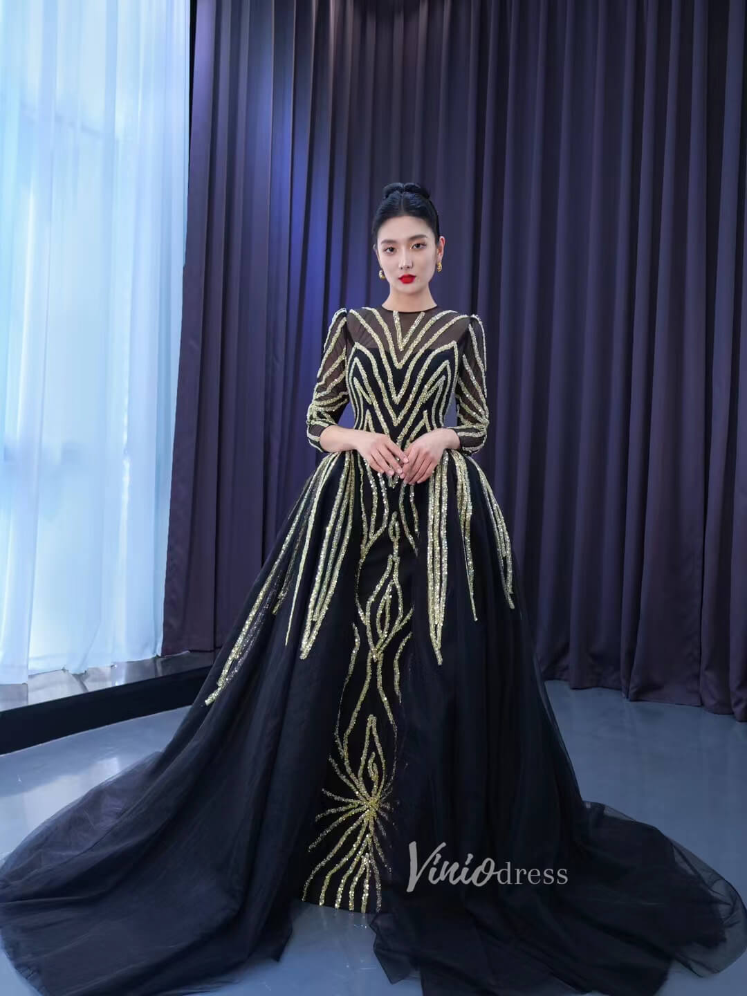 Gold Beaded Black Wedding Dresses with Detachable Overskirt 67573-wedding dresses 2025 -Viniodress-Black-Custom Size-