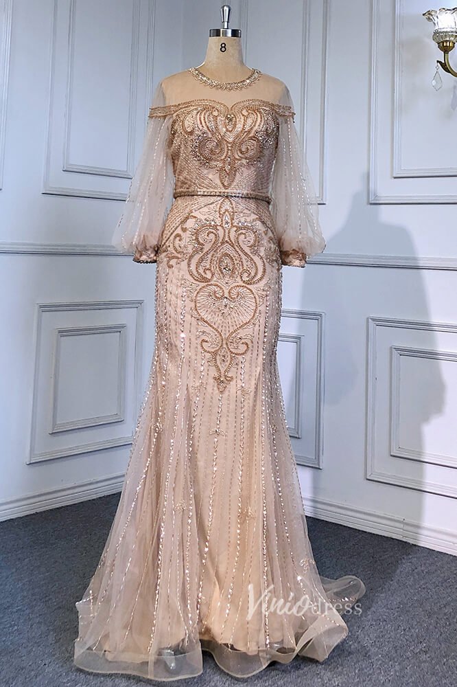 Gold Beaded Evening Dresses Sheath Long Puffed Sleeve Pageant Dress FD3016-Evening Dresses 2025 -Viniodress-Gold-US 2-