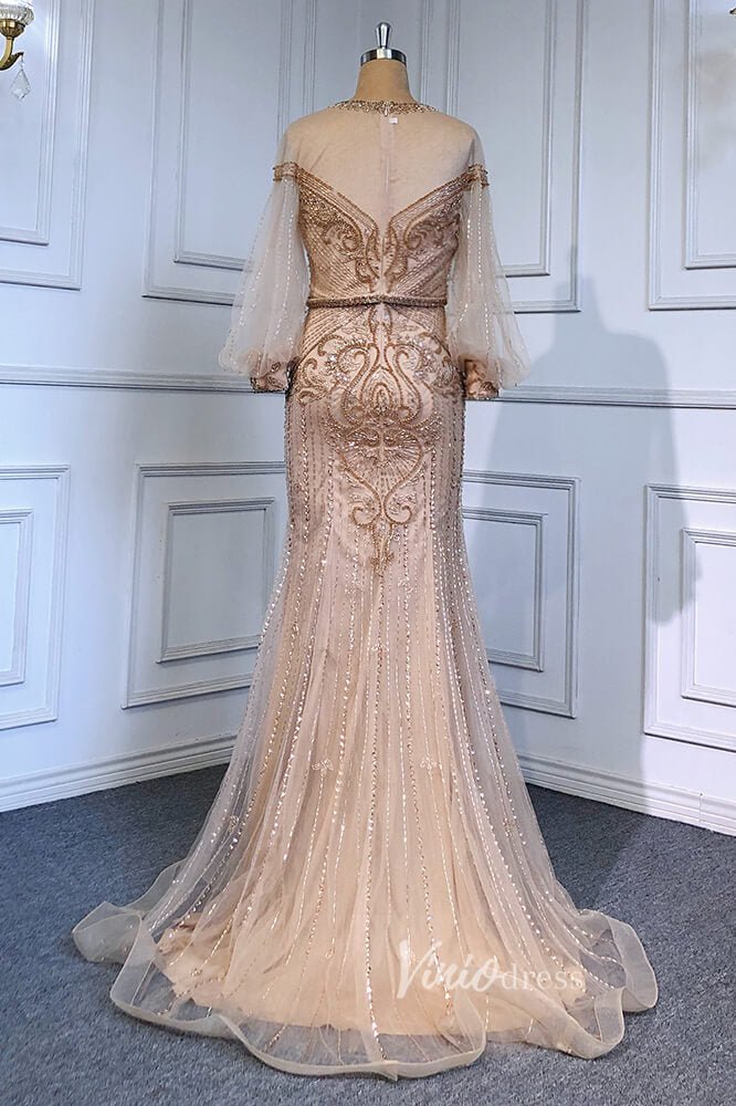 Gold Beaded Evening Dresses Sheath Long Puffed Sleeve Pageant Dress FD3016-Evening Dresses 2025 -Viniodress-Gold-US 2-