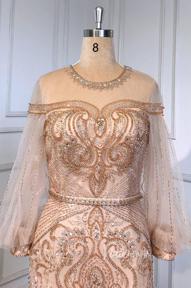 Gold Beaded Evening Dresses Sheath Long Puffed Sleeve Pageant Dress FD3016-Evening Dresses 2025 -Viniodress-Gold-US 2-