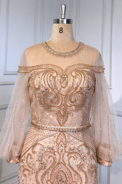 Gold Beaded Evening Dresses Sheath Long Puffed Sleeve Pageant Dress FD3016-Evening Dresses 2025 -Viniodress-Gold-US 2-