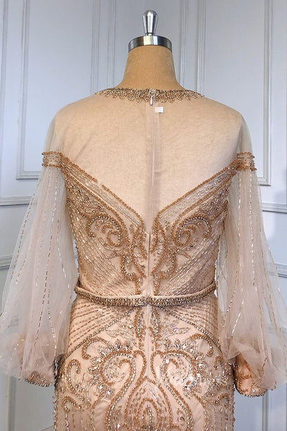 Gold Beaded Evening Dresses Sheath Long Puffed Sleeve Pageant Dress FD3016-Evening Dresses 2025 -Viniodress-Gold-US 2-