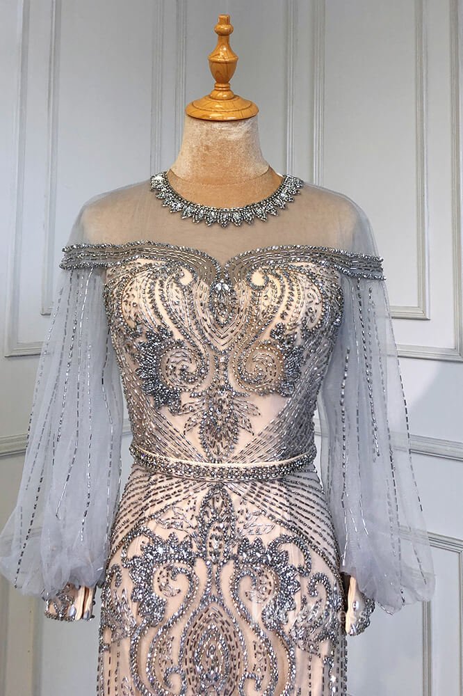 Gold Beaded Evening Dresses Sheath Long Puffed Sleeve Pageant Dress FD3016-Evening Dresses 2025 -Viniodress-Gold-US 2-