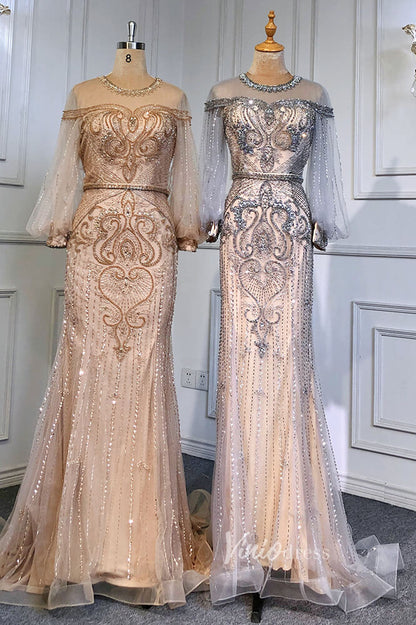 Gold Beaded Evening Dresses Sheath Long Puffed Sleeve Pageant Dress FD3016-Evening Dresses 2025 -Viniodress-Gold-US 2-