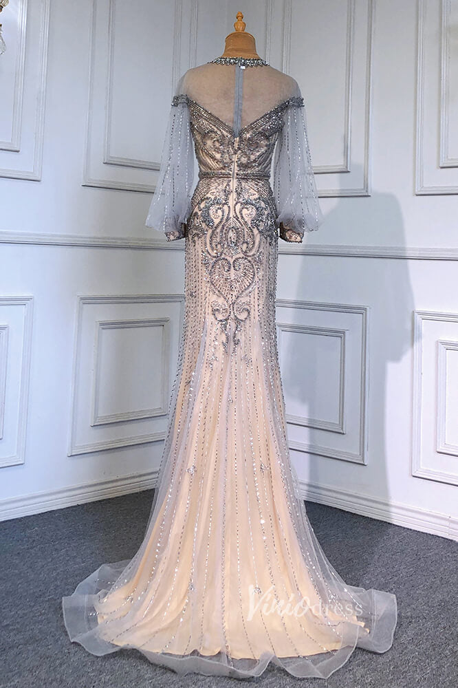 Prom Dress 2025 Gold Beaded Evening Dresses Sheath Long Puffed Sleeve Pageant Dress FD3016-unique prom dresses-Gold-US 2-Viniodress