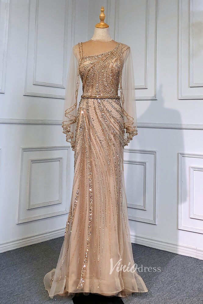 Gold Beaded Evening Dresses Sheath Long Sleeve Pageant Dress FD3015-Evening Dresses 2025 -Viniodress-Gold-US 2-
