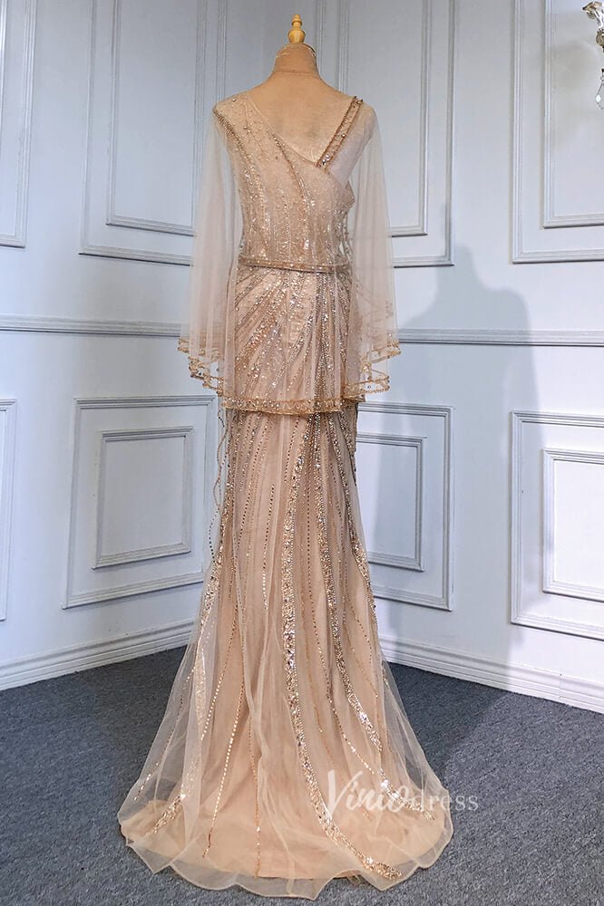 Gold Beaded Evening Dresses Sheath Long Sleeve Pageant Dress FD3015-Evening Dresses 2025 -Viniodress-Gold-US 2-