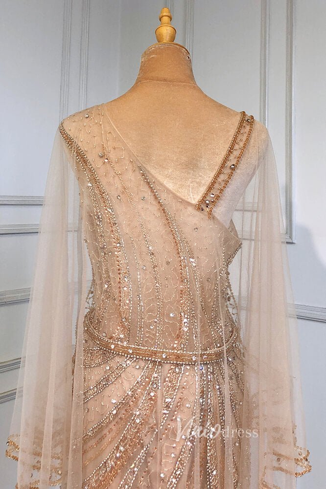 Gold Beaded Evening Dresses Sheath Long Sleeve Pageant Dress FD3015-Evening Dresses 2025 -Viniodress-Gold-US 2-