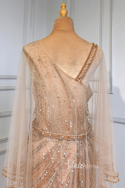 Gold Beaded Evening Dresses Sheath Long Sleeve Pageant Dress FD3015-Evening Dresses 2025 -Viniodress-Gold-US 2-