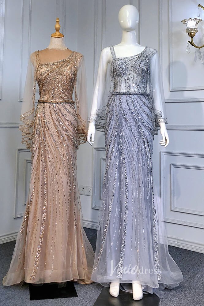 Gold Beaded Evening Dresses Sheath Long Sleeve Pageant Dress FD3015-Evening Dresses 2025 -Viniodress-Gold-US 2-