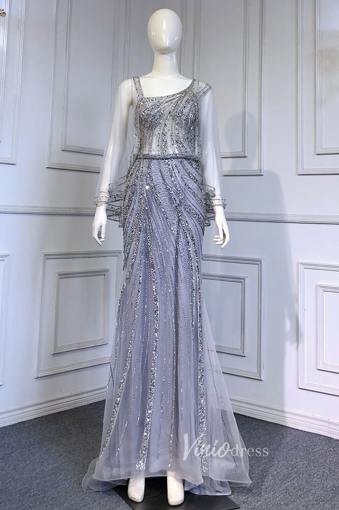 Gold Beaded Evening Dresses Sheath Long Sleeve Pageant Dress FD3015-Evening Dresses 2025 -Viniodress-Silver-US 2-