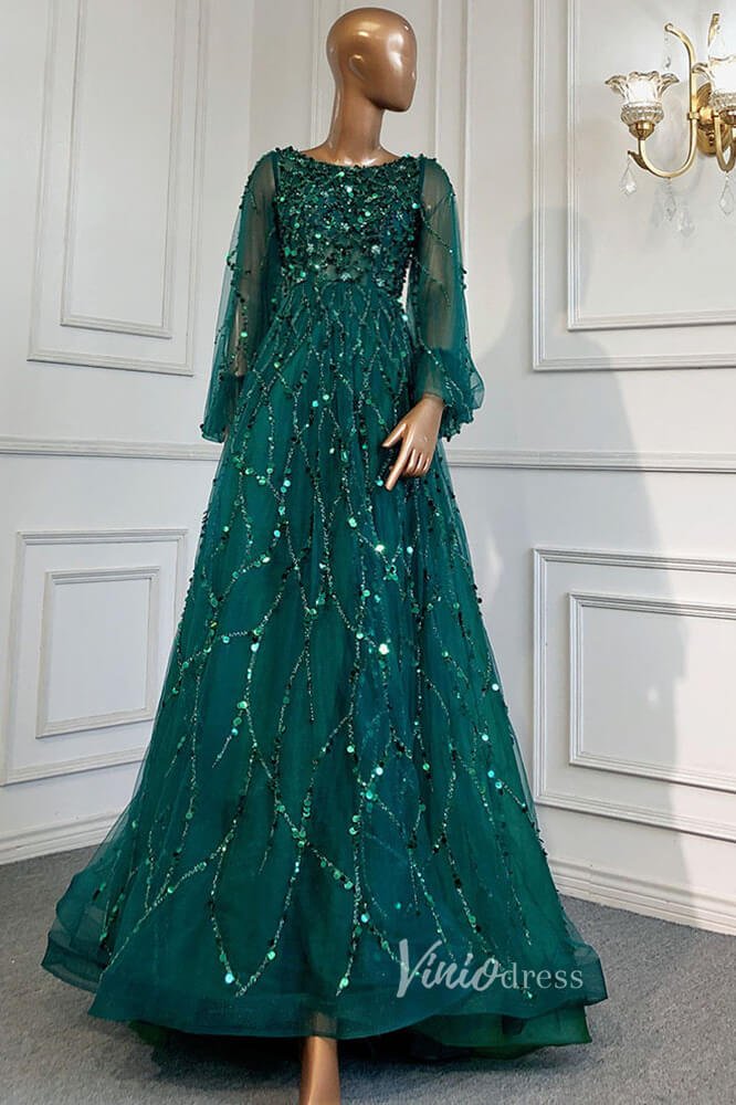 Gold Beaded Long Sleeve Evening Dresses A-Line Boat Neck Pageant Dress FD3009-Evening Dresses 2025 -Viniodress-Emerald Green-US 2-