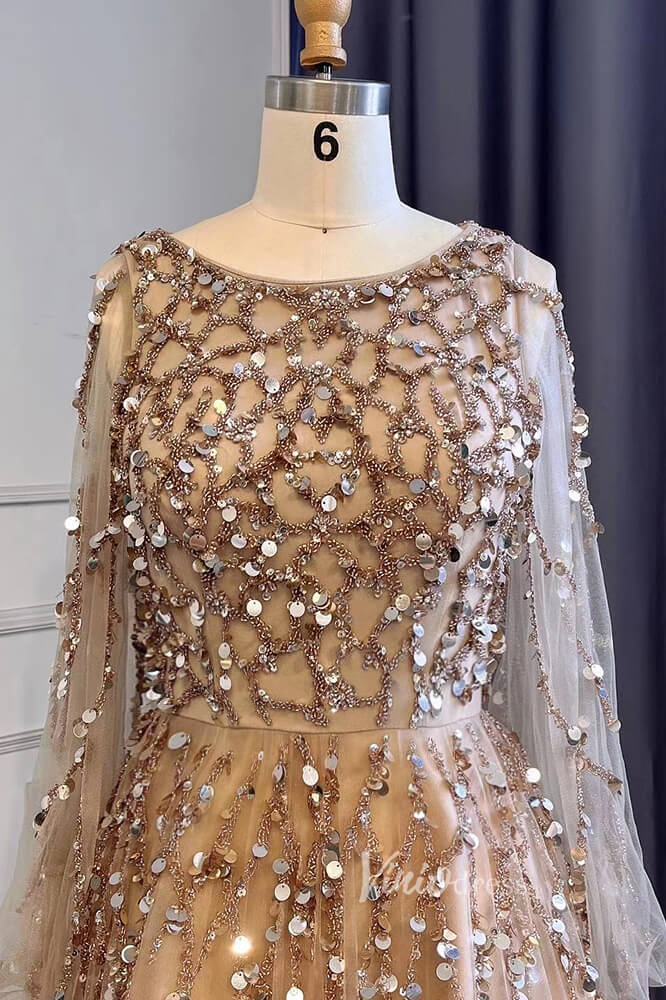 Gold Beaded Long Sleeve Evening Dresses A-Line Boat Neck Pageant Dress FD3009-Evening Dresses 2025 -Viniodress-Gold-US 2-