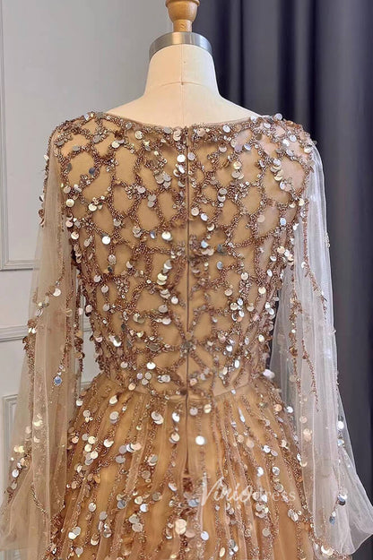 Gold Beaded Long Sleeve Evening Dresses A-Line Boat Neck Pageant Dress FD3009-Evening Dresses 2025 -Viniodress-Gold-US 2-