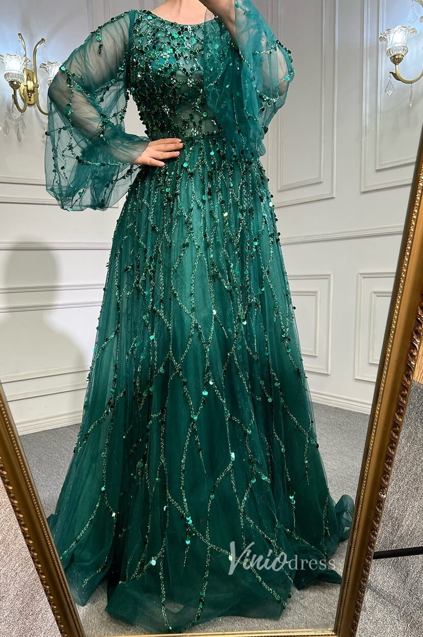 Gold Beaded Long Sleeve Evening Dresses A-Line Boat Neck Pageant Dress Viniodress Gold Beaded Long Sleeve Evening Dresses A-Line Boat Neck Pageant Dress Viniodress