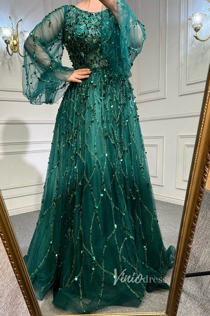 Gold Beaded Long Sleeve Evening Dresses A-Line Boat Neck Pageant Dress FD3009-Evening Dresses 2025 -Viniodress-Gold-US 2-