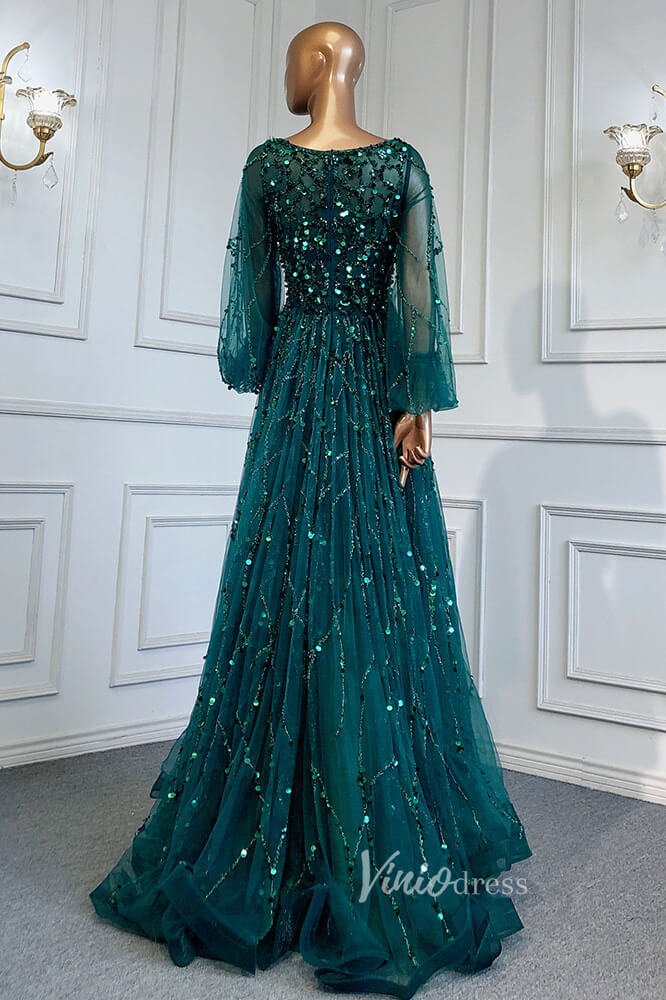 Gold Beaded Long Sleeve Evening Dresses A-Line Boat Neck Pageant Dress FD3009-Evening Dresses 2025 -Viniodress-Gold-US 2-