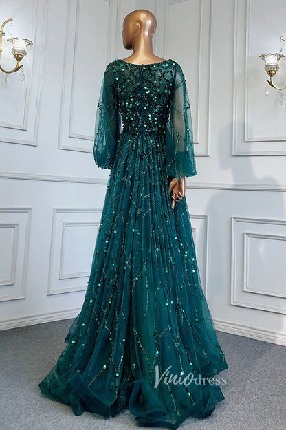 Gold Beaded Long Sleeve Evening Dresses A-Line Boat Neck Pageant Dress FD3009-Evening Dresses 2025 -Viniodress-Gold-US 2-