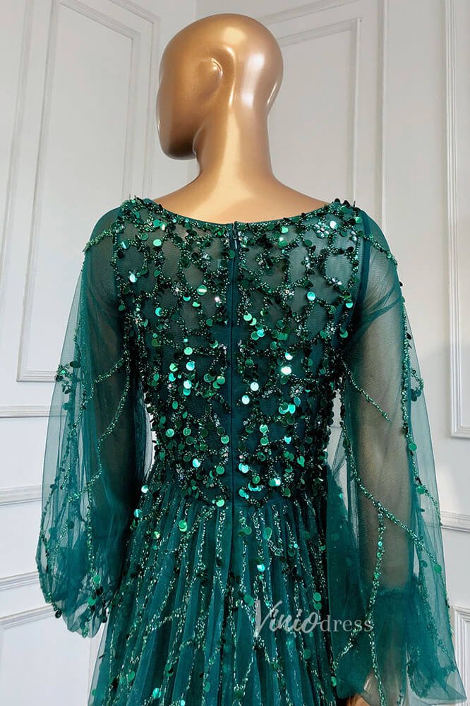 Gold Beaded Long Sleeve Evening Dresses A-Line Boat Neck Pageant Dress FD3009-Evening Dresses 2025 -Viniodress-Gold-US 2-
