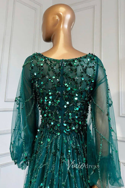 Gold Beaded Long Sleeve Evening Dresses A-Line Boat Neck Pageant Dress FD3009-Evening Dresses 2025 -Viniodress-Gold-US 2-