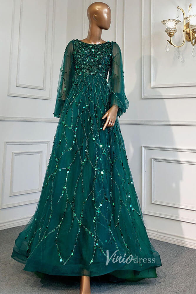 Prom Dress 2025 Gold Beaded Long Sleeve Evening Dresses A-Line Boat Neck Pageant Dress FD3009-unique prom dresses-Emerald Green-US 2-Viniodress