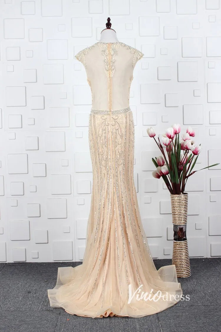 Gold Beaded Prom Dresses Sheath Formal Evening Dress FD2820-Evening Dresses 2025 -Viniodress-Gold-US 2-