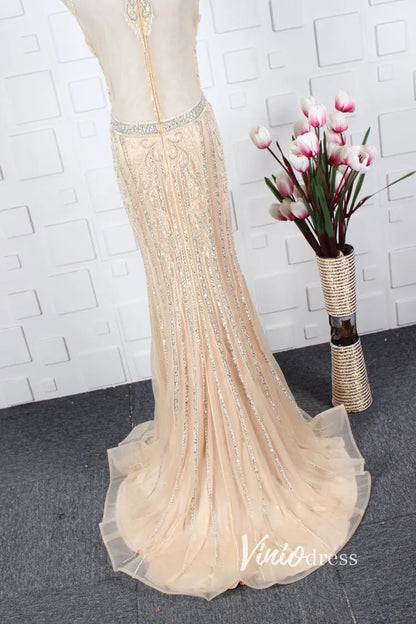 Gold Beaded Prom Dresses Sheath Formal Evening Dress FD2820-Evening Dresses 2025 -Viniodress-Gold-US 2-