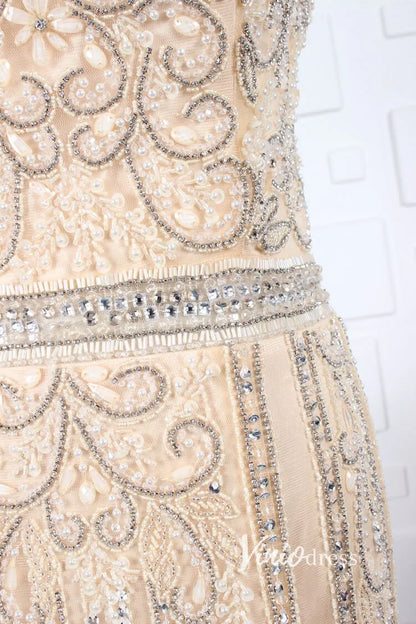 Gold Beaded Prom Dresses Sheath Formal Evening Dress FD2820-Evening Dresses 2025 -Viniodress-Gold-US 2-