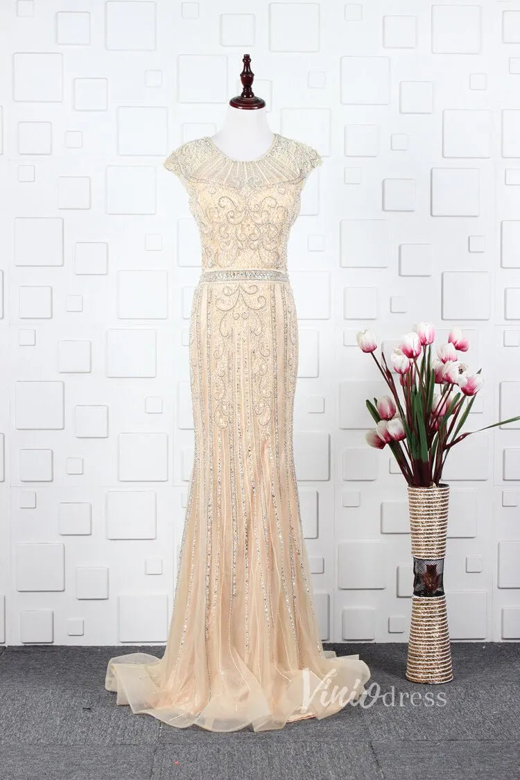 Gold Beaded Prom Dresses Sheath Formal Evening Dress FD2820-Evening Dresses 2025 -Viniodress-Gold-US 2-