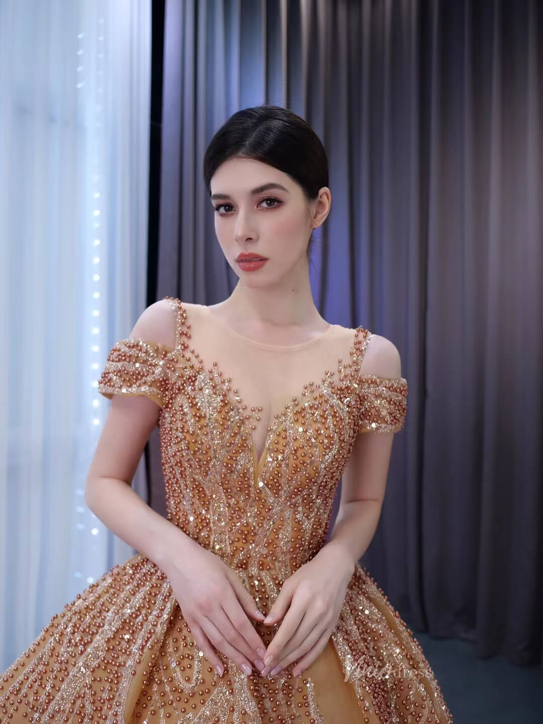 Gold Beaded Tiered Sweet 16 Ball Gowns Off the Shoulder Wedding Dresses 231055-Quinceanera Dresses 2025 -Viniodress-Gold-Custom Size-