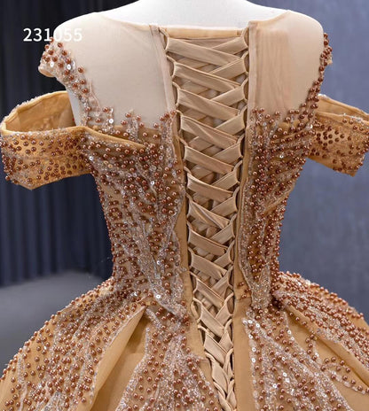 Gold Beaded Tiered Sweet 16 Ball Gowns Off the Shoulder Wedding Dresses 231055-Quinceanera Dresses 2025 -Viniodress-Gold-Custom Size-