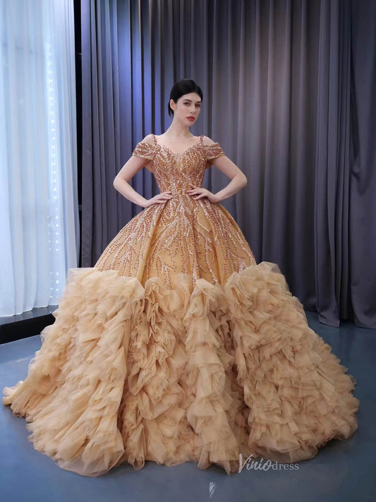 Gold Beaded Tiered Sweet 16 Ball Gowns Off the Shoulder Wedding Dresses 231055-Quinceanera Dresses 2025 -Viniodress-Gold-Custom Size-