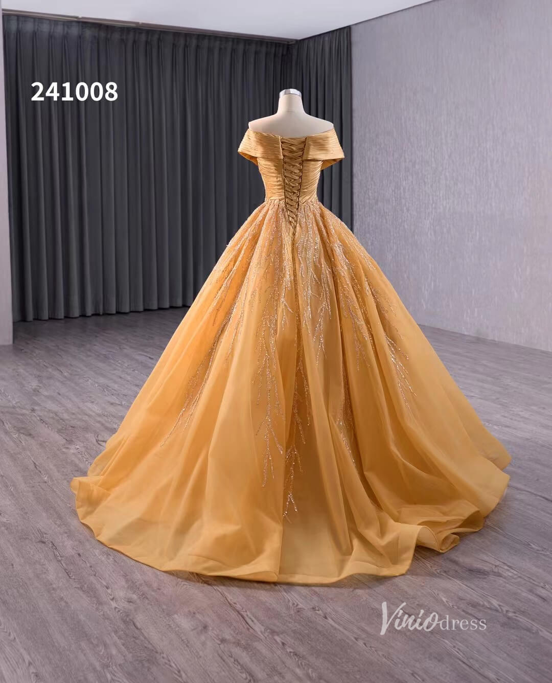 Gold Beaded Wedding Dresses Ball Gown Off the Shoulder Quinceanera Dress 241008-Quinceanera Dresses 2025 -Viniodress-Gold-Custom Size-