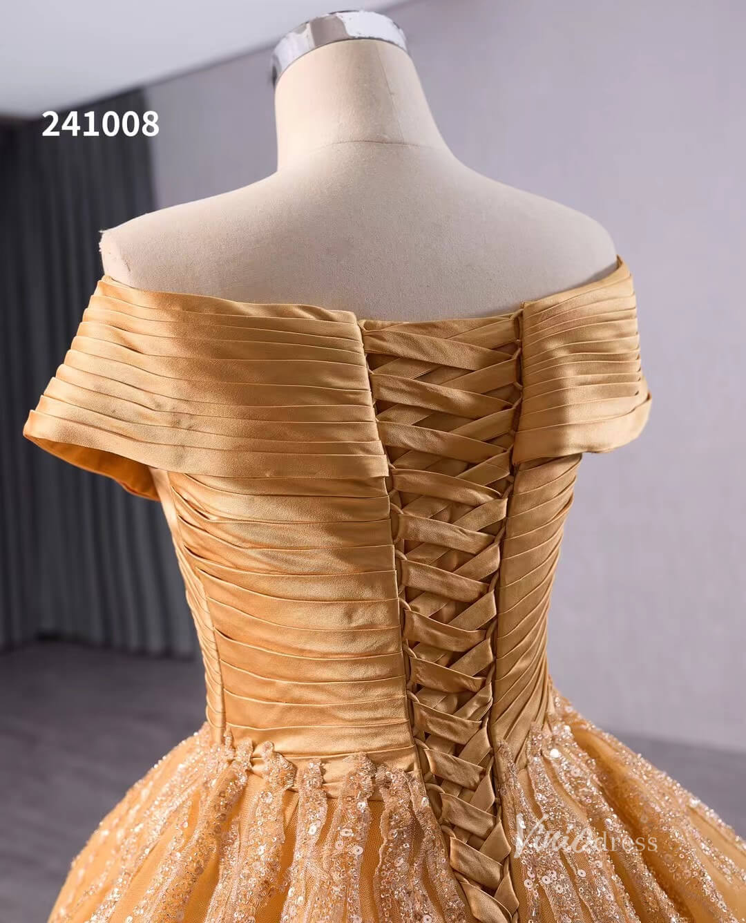 Gold Beaded Wedding Dresses Ball Gown Off the Shoulder Quinceanera Dress 241008-Quinceanera Dresses 2025 -Viniodress-Gold-Custom Size-