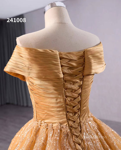 Gold Beaded Wedding Dresses Ball Gown Off the Shoulder Quinceanera Dress 241008-Quinceanera Dresses 2025 -Viniodress-Gold-Custom Size-