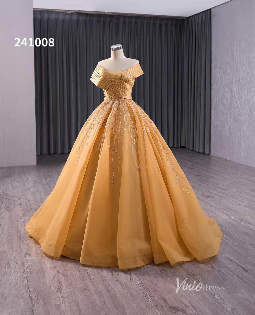 Gold Beaded Wedding Dresses Ball Gown Off the Shoulder Quinceanera Dress 241008 - ViniodressQuinceanera DressesGoldCustom Size - Formal Dresses - Ball Gowns